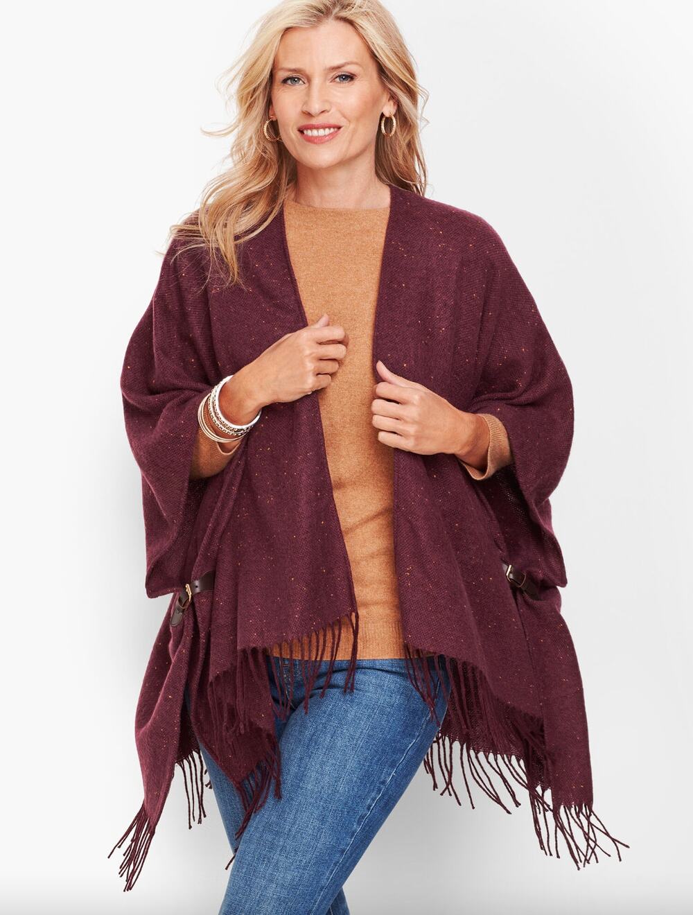Talbots Donegal Fringe Trim Ruana Shawl Wrap with Side Buckle Size XS/S Cozy